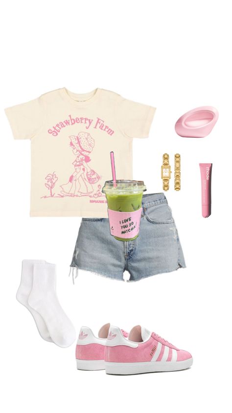 Matcha Outfit Aesthetic, Dr Wardrobe Ideas, Pink Summer Clothes, Pink Summer Outfits Casual, Lisi Shops Inspired Outfits, Cute Shorts Outfits, Matcha Outfit, Artsy Aesthetic Clothes, Softie Outfits