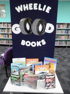 Car/Transportation Themed Library Displays: Wheelie Good Books Reading Display, Best Library, School Library Displays, Library Media Center, Library Themes, Library Book Displays, Library Bulletin Boards, Library Inspiration, Library Boards