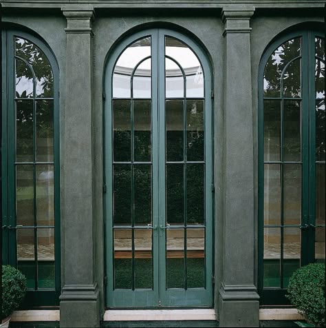 Arched French Doors Exterior, Hunter Green Front Door, Arc Door, French Door Design, Arch Doors, Anouska Hempel, Green Front Door, Arch Windows, Arch Door