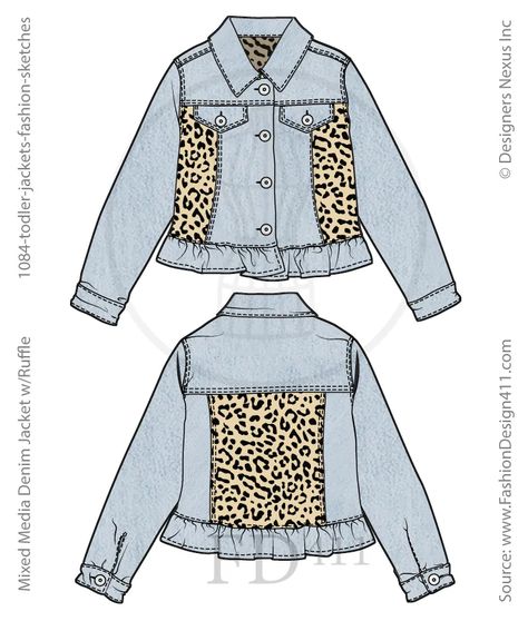 Children's wear, fashion flat sketch features front and back views of a mix media, girls' denim jacket with a notch collar, and ruffle at the bottom. This prepared for CADs float like fashion sketch can be used as a sketching template for a free-hand style fashion drawing to illustrate girly jacket designs. Jackets Fashion Design, Children Fashion Sketch, Ruffle Fashion, Fashion Flat Sketch, Jacket Designs, Dress Sketch, Designer Childrenswear, Hand Style, Girls Denim Jacket