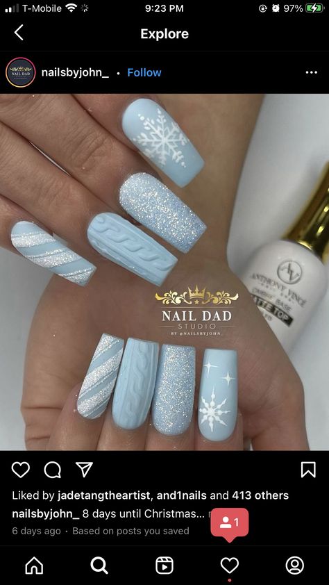 Blue Winter Sweater Nails, Christmas Light Blue Nails, Light Blue Sweater Nails, Blue Winter Wonderland Nails, Christmas Nails Baby Blue, Light Blue Nails Winter, Christmas Nails Light Blue, Light Blue Snowflake Nails, Snow Flake Nails Design