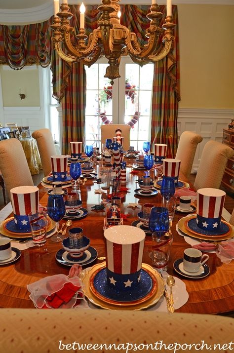 4th of July Table Setting Tablescape in Red, White & Blue Tables Centerpieces, Pretty Table Settings, Fourth Of July Decorations, Festive Table Setting, Party Table Settings, Fourth Of July Decor, Cozy Spaces, July Decor, Beautiful Table Settings