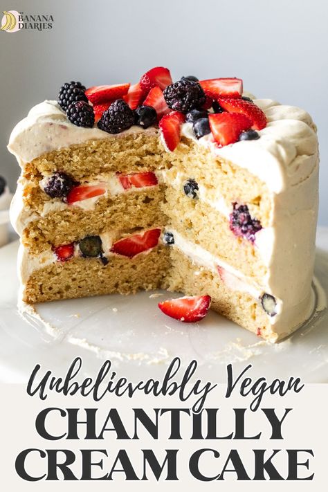 This homemade vegan Chantilly cake is layered with a one bowl moist vanilla almond cake, fluffy dairy free Chantilly cream, and fresh berries- no eggs nor dairy! Vanilla Almond Cake, Chantilly Cake Recipe, Gluten Free Vegan Recipes Desserts, Vegan Dessert Bars, Chantilly Cake, Gluten Free Desserts Healthy, Vegan Gluten Free Desserts, Vegan Kids Recipes, Breakfast Bread Recipes