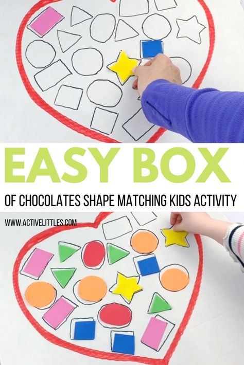 Easy Box of Chocolates Shape Matching Kids Activity - Active Littles Valentine Cognitive Activities For Kids, Valentines Day Shape Activities, Valentines Shapes Activities, February Literacy Activities Preschool, Valentines Days Activity For Kids, Valentine Activity For Kids Preschool, Valentine Small Group Activities Preschool, Valentine Learning Activities Preschool, Valentine Shape Activities