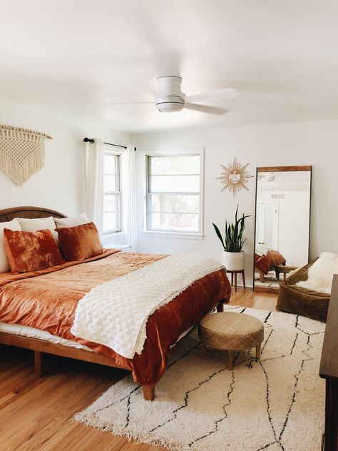 Terracotta Color Palette Bedrooms Bedding & Blankets, Bedroom Orange Comforter, Taupe And Orange Bedroom, Orange And White Boho Bedroom, Terra Cotta Master Bed, Rust Orange Comforter Bedroom, Orange Master Room, Orange Velvet Comforter, Terracotta Orange Bedroom