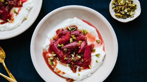 Roasted Spiced Rhubarb with Dates and Yogurt Recipe - Bon Appétit Recipe Yogurt Recipes Breakfast, Springtime Recipes, Roasted Rhubarb, Bon Appetite Recipes, Ginger Honey, Yogurt Breakfast, Healthy Yogurt, Greek Yogurt Recipes, Rhubarb Recipes