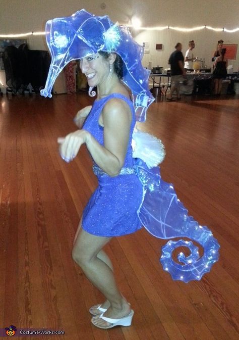 Original Handmade Seahorse Costume with LED lights on spine of the creature. Great for dancing, performing, and partying. dginspace@yahoo.com for inquiries Costume With Lights, Seahorse Costume, Under The Sea Costumes, Sea Creature Costume, Blonde Halloween, The Little Mermaid Musical, Sea Costume, Woman Costumes, Light Up Costumes