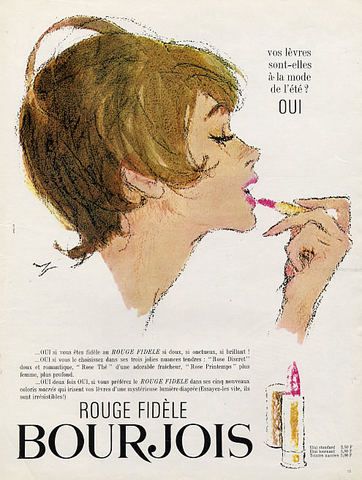 Bourjois (Cosmetics) 1965 Drawing Hof Lipstick Vintage advert Cosmetics illustrated by Hof | Hprints.com Bourjois Lipstick, French Cosmetics, Lipstick Ad, Vintage Makeup Ads, Makeup Ads, Beauty Ad, Vintage Cosmetics, Vintage Makeup, Vintage Advertisement