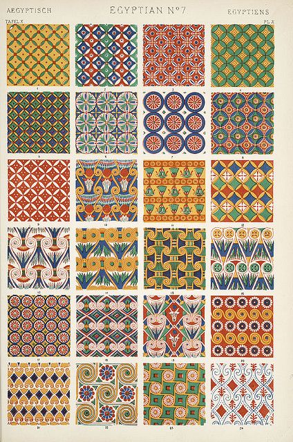 Image Plate from Owen Jones' 1853 classic, "The Grammar of Ornament". Just like the look as colors! Egyptian Decorations, Egyptian Ornamented, Grammar Of Ornament, Egyptian Pattern, Egyptian Motifs, Owen Jones, Egyptian Design, Motifs Textiles, طابع بريدي