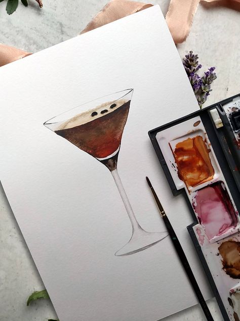 A hand-painted watercolour print of a espresso martini cocktail perfect for a cocktail lover!  This print is available in a range of sizes A6 (height: 105 mm), A5 (height: 210mm) and A4  (height: 297mm) Espresso Martini Drawing, Espresso Martini Watercolor, Martini Watercolor Painting, Drink Watercolor Painting, Cocktail Painting Watercolor, Acrylic Painting Cocktails, Espresso Martini Painting, Watercolor Drinks Cocktails, Espresso Martini Art