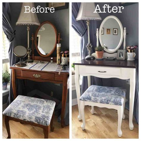 DIY Vanity Makeover with Annie Sloan Chalk Paint - My Petite Joys Redo Vanity Makeup, Refurbished Makeup Vanity, Painted Makeup Vanity, Diy Vanity Makeover, Refurbished Vanity, Vanity Redo, Diy Vanity Table, Old Vanity, Oak Vanity