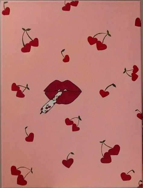 Heart Cherry Painting, Pink And Red Canvas Painting, Cute Cherry Painting, Red Easy Paintings, Heart Canvas Painting Ideas Easy, Easy Heart Paintings On Canvas, Easy Valentine Canvas Painting Ideas, Easy Cherry Painting, Valentines Painting Ideas Canvases Easy