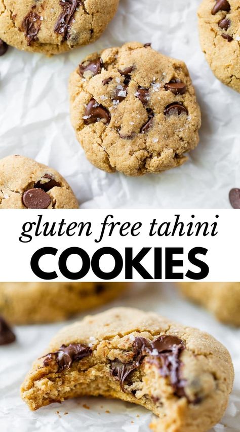 Gluten Free Tahini Cookies are soft and pillow-y, loaded with chocolate chips and perfect for anyone looking for a tasty gluten free, nut-free cookie recipe! Nut Free Cookies Recipes, Tahini Cookies Recipe, Gluten Free Cookies Easy, Nut Free Cookies, Tahini Cookies, Gluten Free Menu, Paleo Sweets, Cookie Cake Recipe, Choc Chip Cookies