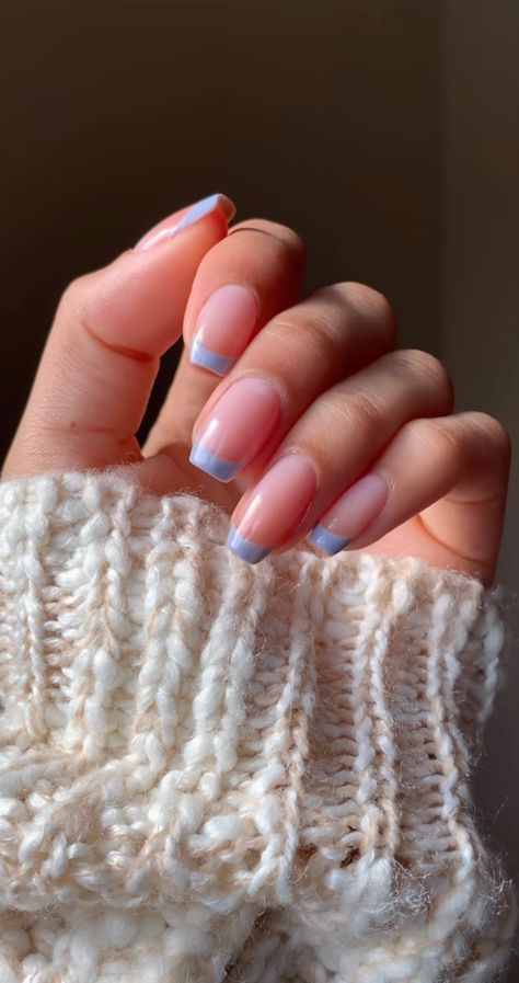 Makeup Looks For Periwinkle Dress, Light Blue Sparkle French Tip Nails, Periwinkle Nail Art, Nails For 14th Birthday, Periwinkle French Tip Nails, Perrywinkle Nails, Periwinkle Blue Nails, French Tipped Nails, Cyprus Aesthetic