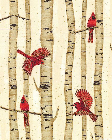 Woodsy Winter - Cardinal Forest - Cream/Gold Tree Cotton, Hoffman Fabrics, Winter Tree, Christmas Classic, Winter Bird, Birch Trees, Panel Quilts, Natural Gold, Fabric Yardage