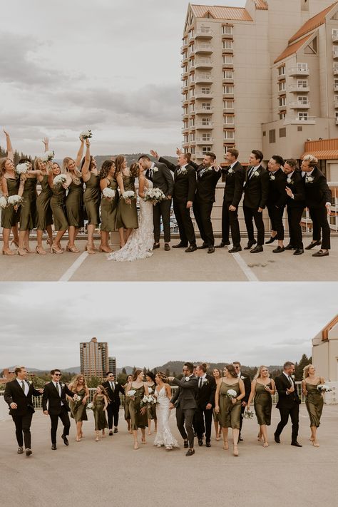 Anna and Ryan's elegant outdoor wedding at Elk Point in Coeur d'Alene, Idaho was absolutely stunning. These olive green bridesmaid dresses were so elegant and fun. i loved the bridal party colors! This venue is perfect for those wanting a Couer d'Alene Wedding! Bridesmaid Olive Green, Olive Green Bridesmaid And Groomsmen, Olive Green Bridal Party Color Schemes, Green Bridesmaid Dresses And Black Groomsmen Suits, Green And Tan Groomsmen, Forrest Green Bridesmaid Dresses With Tan Suits, 7 Bridesmaids And 7 Groomsmen, Olive Wedding Party, Forest Green Weddin Party