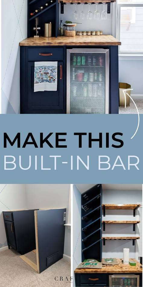 When I say beginner-friendly, I mean it. This custom, built-in bar was created using a stock cabinet from Lowe's! Turn a stock cabinet into a custom bar this weekend! Stock Cabinet, Basement Decoration, Casa Hobbit, Dream Basement, Home Bar Rooms, Diy Home Bar, Built In Bar, Basement Makeover, Home Bar Designs