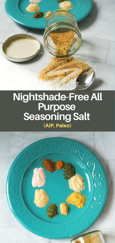 This lovely nightshade-free seasoning salt is a blend of various AIP compliant ingredients that can be used on chicken, beef, fish, pork, vegetables, and many other foods. It is AIP/Paleo, gluten-free, dairy-free, and easily made Whole30 by excluding the coconut sugar. #seasoning #aip #paleo #whole30 #glutenfree #spices #diyseasoning #nightshadefree #seedfree Nightshade Free Recipes, Autoimmune Paleo Diet, Fish And Vegetables, Autoimmune Paleo Recipes, Drying Cilantro, Aip Paleo Recipes, Paleo Foods, Burger Seasoning, Meat Seasoning