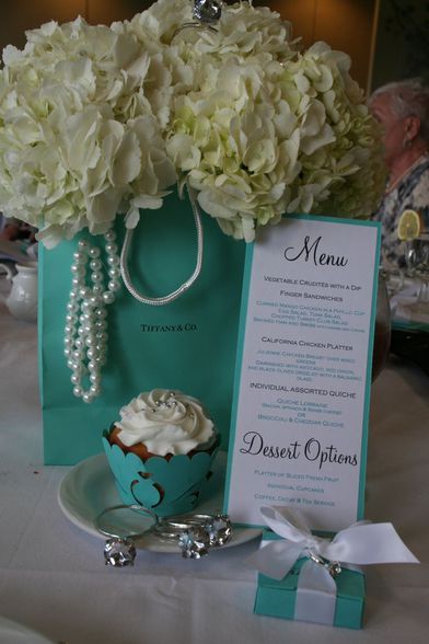 Breakfast at Tiffany's Bridal Shower Tiffany Blue Party, Breakfast At Tiffanys Party Ideas, Tiffany Themed Bridal Shower, Tiffany Birthday Party, Tiffany Birthday, Tiffany Baby Showers, Tiffany Theme, Tiffany Bridal Shower, Bridal Shower Menu