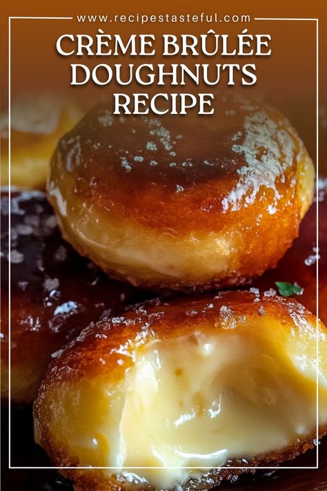 These decadent crème brûlée doughnuts combine the soft, airy texture of freshly fried doughnuts with the rich, creamy flavor of traditional crème brûlée. A crispy caramel topping adds the perfect finish, making this treat irresistible! Creme Brulee Donut, Fried Doughnut Recipe, Cruller Donuts, Donut Filling, Cream Brulee, Pastry Cream Filling, Donut Flavors, Doughnuts Recipe, Creme Brulee Recipe