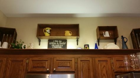 Crates Above Kitchen Cabinets, Above The Kitchen Cabinets, Above Kitchen Cabinets, Wooden Crates, Decorative Storage, The Kitchen, Kitchen Cabinets, Furniture, Home Decor