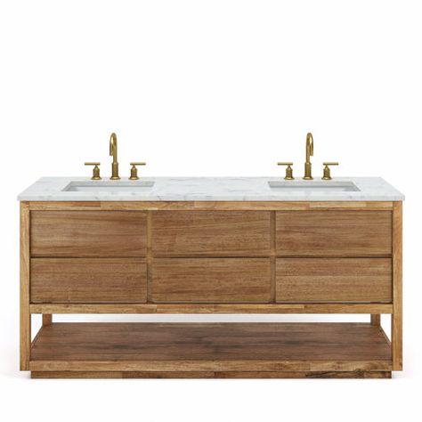 The Twillery Co.® Widener 72 In. Mango Wood Carrara White Marble Countertop Bath Vanity | Wayfair 72 Inch Bathroom Vanity, Gold Faucet, Wood Backsplash, Marble Vanity, Chrome Faucet, White Marble Countertops, Marble Countertop, Marble Vanity Tops, Double Sink Bathroom Vanity