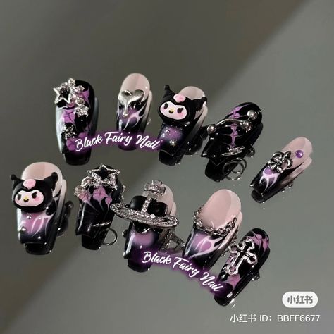 Kuromi Halloween Nails, Girly Lehengas, Uñas Kuromi, Kuromi Nail Art, Nail Art Y2k, Kuromi Nails, Kuromi Halloween, K Pop Nails, Nail Art Black