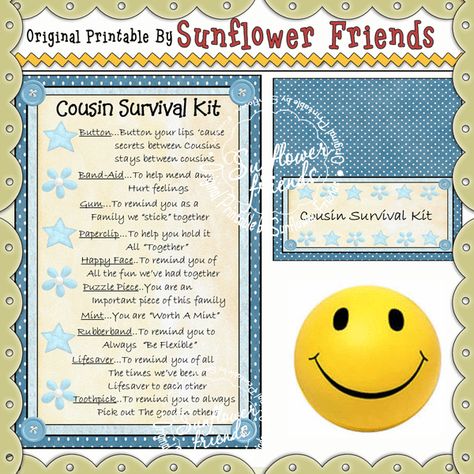 Cousin Survival Kit - Click Image to Close Gift Stores, Lipton Tea, Alphabet Nursery, Winter Words, Unicorn Valentine, Cousin Gifts, Survival Kits, Survival Techniques, Holiday Printables