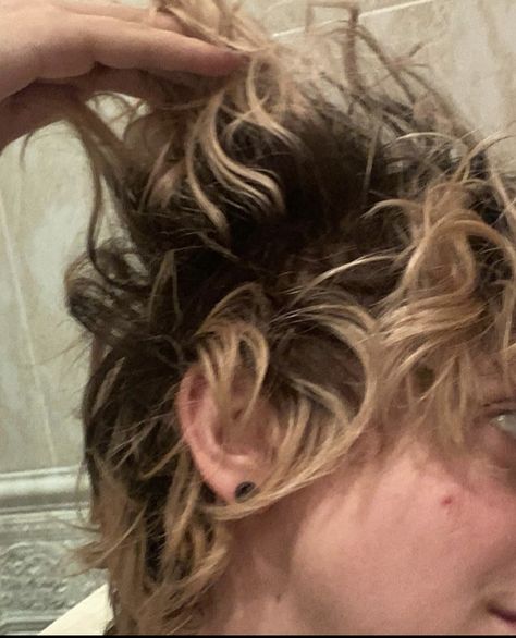 Blonde Fluffy Hair Men, Blonde Messy Hair Men, Blonde Stripe In Brown Hair, Highlights Mens Hair, Half Bleached Hair Men, 90s Bleached Hair Men, Frosted Tips Mullet, Dyed Blonde Hair Dark Roots Men, Male Hair Dye Ideas