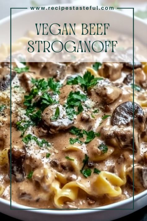 A delicious and hearty meal that's perfect for a cozy dinner. This vegan twist on the classic stroganoff features rich flavors from vegan ground beef, mushrooms, and a creamy sauce, served over your choice of pasta. Ground Beef And Mushrooms, Beef And Mushrooms, Vegan Mushroom Stroganoff, Vegan Ground Beef, Ground Beef Pasta, Vegan Beef, Vegan Worcestershire Sauce, Mushroom Stroganoff, Beef Pasta