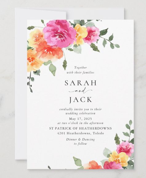 Bright Floral Wedding Invitations, Orange Flowers Wedding, Bright Wedding Invitations, Pink Orange Flowers, Bold Wedding Invitations, Bright Watercolor, Orange Wedding Flowers, Flower Wedding Invitation, Wildflower Wedding