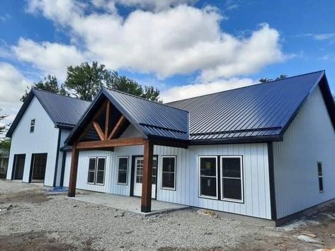 Natural Home Inspiration, White House Black Trim Barndominium, Metal Building Home Exterior Colors, Farmhouse With Metal Siding, White Barndo With Black Trim, White Bardominum Ideas, White Barndo With Black Roof, Barndominium Outside Colors, Laundry Room Connected To Garage