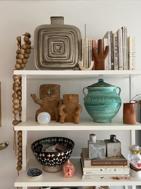 Styling A Wall Shelf, Bobblehead Display Ideas, Display Collections, Shelf Arrangement, Eclectic Maximalism, Colorado Style, Beautiful Bookshelf, Silver Serving Trays, Styling Shelves