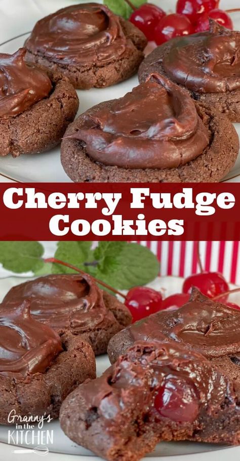 Chocolate Cherry Thumbprint Cookies Cherry Thumbprint Cookies, Fudge Icing Recipe, Cherry Fudge, Cherry Cookies Recipes, Xmas Cookies Recipes, Fudge Icing, Chocolate Cherry Cookies, Holiday Baking List, Thumbprint Cookies Recipe