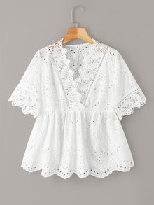 White Contrast Trim Bell Sleeve Button Blouse | SHEIN Blouse Peplum, Pizza Bianca, Ruffle Hem Blouse, Eyelet Embroidery, Fashion Tops Blouse, Trendy Fashion Tops, Peplum Blouse, Plus Size Blouses, White Blouse