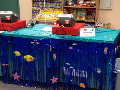 My scholastic Under the Sea Book Fair. Under The Sea Themed Book Fair, Ocean Book Fair Theme, Under The Sea Library Theme, Under The Sea Book Fair, School Book Fair, Ocean Books, School Library Decor, Scholastic Book Fair, Middle School Books