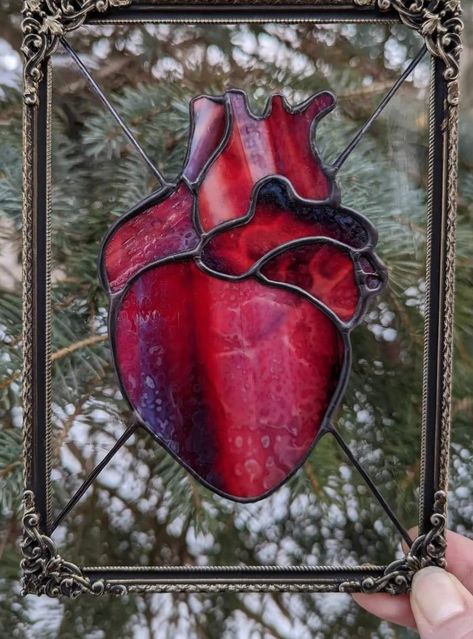 Anatomical Heart Stained Glass Pattern, Stained Glass Dark Academia, Funky Stained Glass Art, Witchy Stained Glass Art, Gothic Stained Glass Art, Stained Glass Making, Goth Stained Glass Art, Stained Glass Ideas For Beginners, Cute Stained Glass Ideas