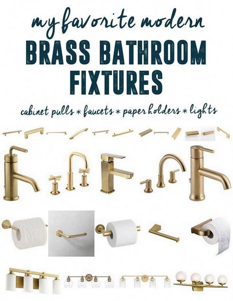 Modern Brass Bathroom Fixtures, Gold Bathroom Fixtures, Brass Bathroom Fixtures, Brass Bathroom Lighting, Brass Bathroom Hardware, Bathroom Brass, Hardware Bathroom, Brass Bathroom Faucets, Brass Cabinet Handles