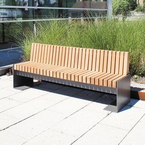 Steel Framed Timber Seats & Benches | Street Furniture | Broxap Commercial Outdoor Benches, Timber Bench Seat, Outdoor Couch Diy, Modern Bench Outdoor, Courtyard Ideas, Clinic Interior, Timber Slats, Steel Bench, Couch Diy