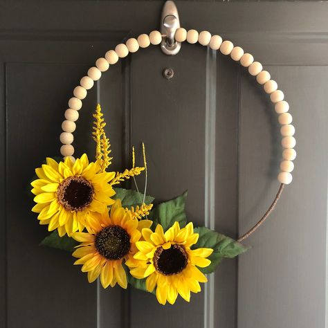 Excited to share the HolladayCraftKits has an #etsy shop: Sunflower Wood Bead Wreath Craft Kit and more are now available. #hollaydaycrafts #craftkit #diy #easydiy #kit #floralwreath #woodbead #wreath #summer #countryfarmhouse #yellow #splitwoodball Decorating With Sunflowers, Beaded Hoop Wreath, Wood Bead Wreath, Bumble Bee Decorations, Beaded Wreath, Bead Wreath, Sunflower Crafts, Wreath Sunflower, Honey Bee Decor