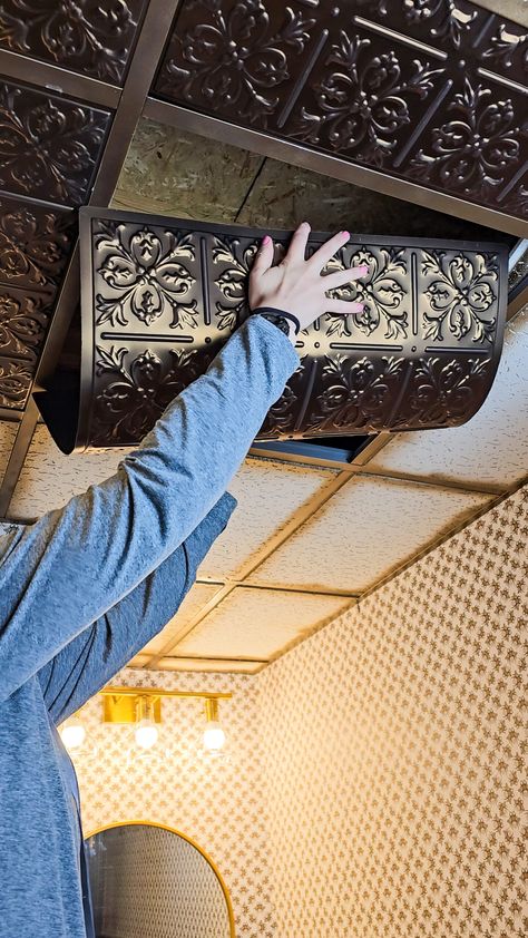 Replacing Drop Down Ceiling Tiles - Cedar Hill Builder Old Building Renovation, Drop Ceiling Makeover, Ceiling Tiles Painted, Black Ceiling Tiles, Drop Down Ceiling, Adirondack Decor, Down Ceiling, Drop Ceiling Tiles, Tin Panel