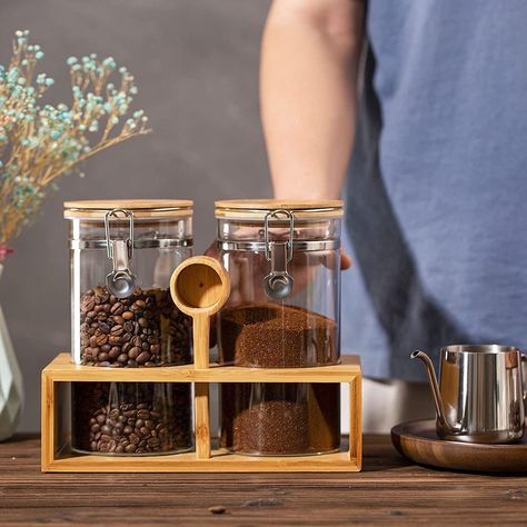 Coffee Bar Containers, Coffee Container Ideas Storage, Coffee Container Ideas, Coffee Bean Storage, Coffee Storage Containers, Coffee Bean Jar, Oatmeal Container, Coffee Organization, Bamboo Spoon