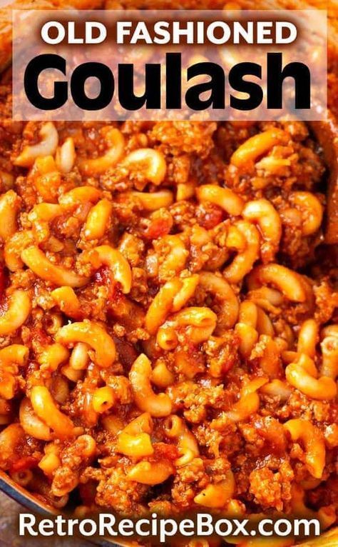 Old Fashioned Goulash is a delicious and simple one pot recipe with ground beef, tomatoes, and macaroni. You may have eaten this retro Goulash recipe as a kid. It is an easy weeknight meal to make, and is a kid friendly meal! retrorecipebox.com #goulash #casserole #groundbeef #onepotmeal Best Goulash Recipes, Sizzle Steak Recipes, Easy Goulash Recipes, Recipe With Ground Beef, Old Fashioned Goulash, Goulash Recipe, Macaroni Recipes, Goulash Recipes, Beef Casserole Recipes