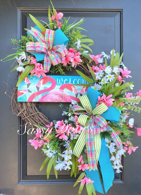 Flamingo Wreaths, Summer Beach Wreath, Summer Wreath, Flamingo Wreath, Wreath With Flamingo, Summer Front Door Wreath, SassyDoors Wreaths Flamingo Wreath, Making Ribbon Wreaths, Unusual Christmas Decorations, Spring Floral Decor, Tropical Wreath, Spring Floral Wreath, Summer Mesh Wreaths, Easter Spring Wreath, Whimsical Wreaths