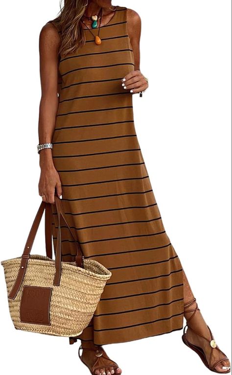 Long Shift Dress, Striped Shift Dress, Resort Dresses, Langer Rock, Sleeveless Long Dress, High Waist Dress, Bodycon Maxi Dresses, Maxi Robes, Round Neck Dresses