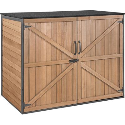 Enhance your outdoor space with this beautifully crafted garden shed made of premium fir wood and reinforced with a sturdy iron frame. Designed to provide ample storage space, this shed is perfect for organizing garden tools, storing trash cans, or housing any other outdoor essentials. Aivituvin | Aivituvin Metal Frame Outdoor Storage Shed For Trash Cans & Yard Tools in Brown | 4' 2" W X 2' 3 3 / 5" D X 3' 5" H | Wayfair Trash Can Storage Outdoor, Garbage Can Storage, Storage Outdoor, Lawn Mower Storage, Frame Storage, Outdoor Trash Cans, Outdoor Storage Shed, Yard Tools, Outdoor Storage Cabinet