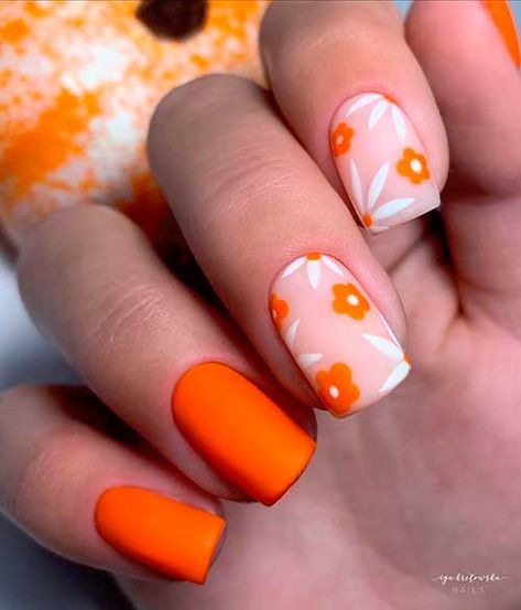 Cute Orange Nails, Spring Nail Design, Orange Nail Art, Orange Nail Designs, Glitter Accent Nails, Nail Designs Ideas, Spring Nail Designs, Nail Design Ideas, Short Acrylic Nails Designs