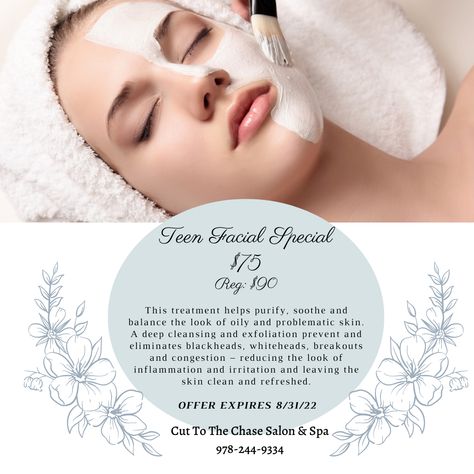 .August Spa Special! ....Teen Facial 🌺 The benefits of a Facial ...Learn Healthy Skin Care Habits. ...Combat Teenage Acne Flareups Due to Hormonal Changes ...Help Teens Learn to Refrain from Picking & Popping ...Teen Facials Keep Skin Clearer Between Dermatologist Visits ...Teen Facials Provide Improved Self-Esteem with Immediate Results #skintips #acnetreatment #cleanskincare #healthyskin #skingoals #skincareaddict #clearskin #acne #skincare #chelmsfordma #cuttothechasesalon #chelmsfordmaspa Benefits Of A Facial, Teen Facial, Facial Benefits, Teenage Acne, Spa Specials, Acne Skincare, Hormonal Changes, Healthy Skin Care, Clean Skincare