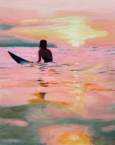 Surfing at sunset by TeMoana . Woman Ocean Art, Surfing Painting Ideas, Surf Illustration Art, Nature Painting Inspiration, Painting Ideas Detailed, Acrylic Painting Backgrounds Ideas, Surfers Painting, Surfing Watercolor, Sunsets Watercolor