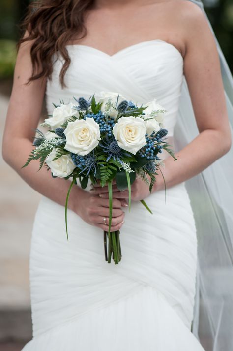 Blue Wedding Flowers Bouquet, Thistle Bouquet Wedding, Navy Blue Wedding Bouquets, Navy Wedding Bouquet, Brides Flowers Bouquet, Prom Bouquet, White Flower Bouquet, Flower Types, Blue Bride